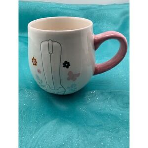 Dolly Parton Cowboy Boot Butterfly Stoneware Coffee Mug Pink Handle White 4in